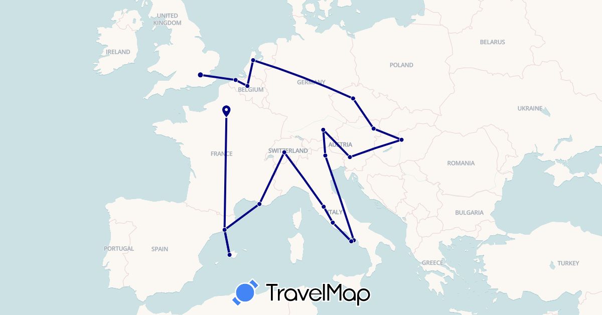 TravelMap itinerary: driving in Austria, Belgium, Switzerland, Czech Republic, Germany, Spain, France, United Kingdom, Hungary, Italy, Netherlands, Slovenia (Europe)