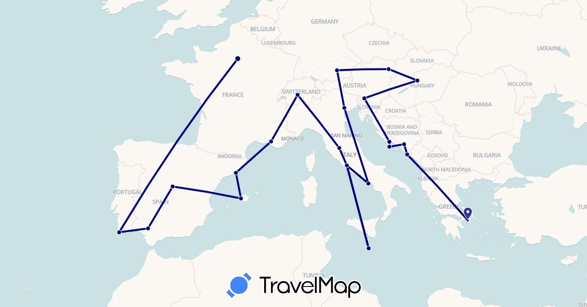 TravelMap itinerary: driving in Austria, Bosnia and Herzegovina, Switzerland, Germany, Spain, France, Greece, Croatia, Hungary, Italy, Malta, Portugal, Slovenia (Europe)